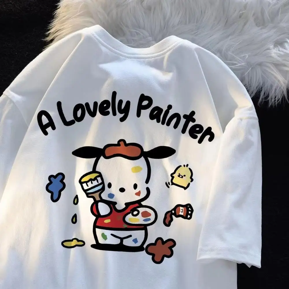 Модна Тениска на Sanrio Pochacco с анимационни герои за момичета и момчета от чист Памук с къс ръкав, Детски Моден Свободен Топ, Подаръци за Рожден Ден
