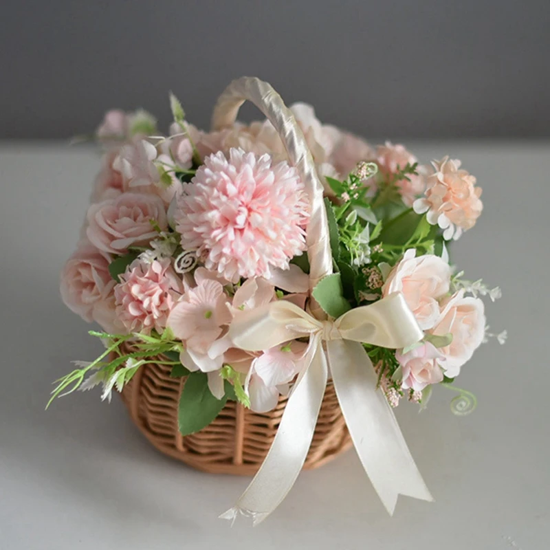 3X ракита Кошница за цветя С дръжка и бяла панделка, Сватбени Кошници за момичета-цветочниц, За украса на дома градина (L)