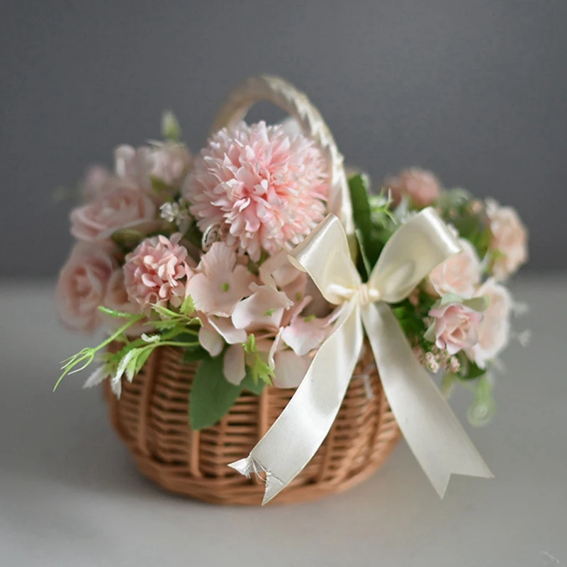 3X ракита Кошница за цветя С дръжка и бяла панделка, Сватбени Кошници за момичета-цветочниц, За украса на дома градина (L)