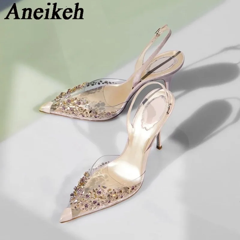 Aneikeh/ 2024; Цветни Обувки-лодка на ток С кристали; Женски Прозрачни сандали от PVC с остри пръсти и каишка с катарама; Тънки сватбени обувки