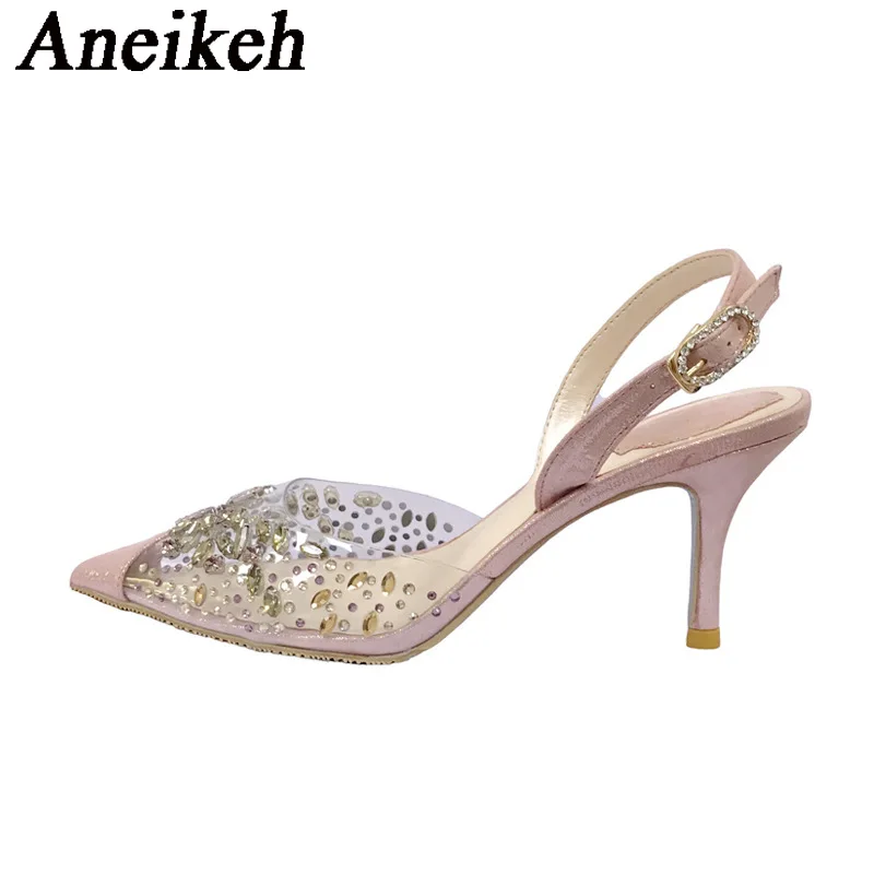 Aneikeh/ 2024; Цветни Обувки-лодка на ток С кристали; Женски Прозрачни сандали от PVC с остри пръсти и каишка с катарама; Тънки сватбени обувки