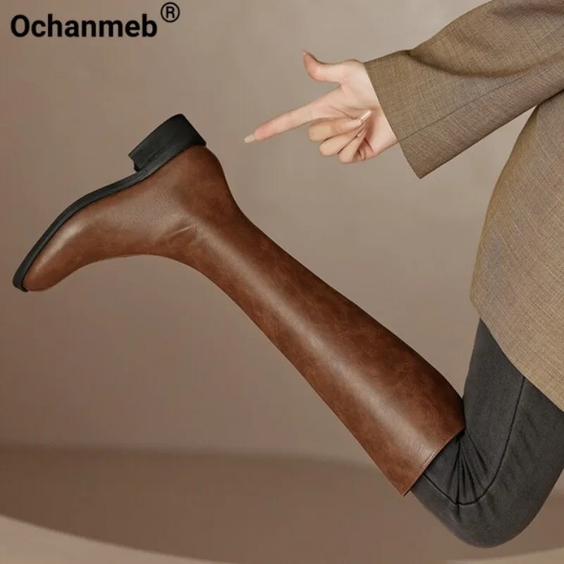 Ochanmeb/ Дамски ботуши до коляното от естествена кожа, Мотоциклетни Ботуши за езда с квадратни пръсти, Кафяви Дамски обувки с Цип, Есен-зима 40