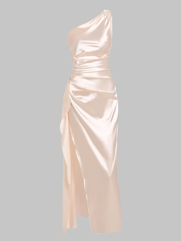 Жена атласное рокля ZAFUL с рюшами на бедрата и отворен гръб на едно рамо, на макси рокля ZF509750201