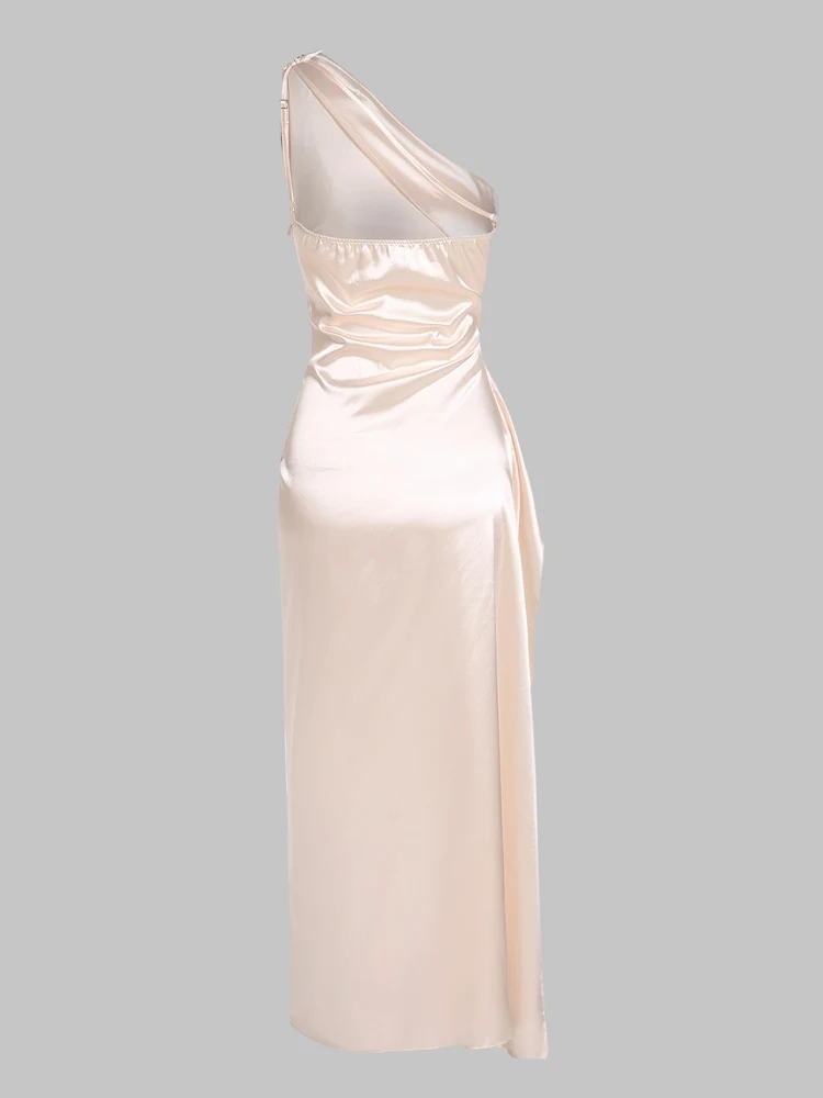 Жена атласное рокля ZAFUL с рюшами на бедрата и отворен гръб на едно рамо, на макси рокля ZF509750201