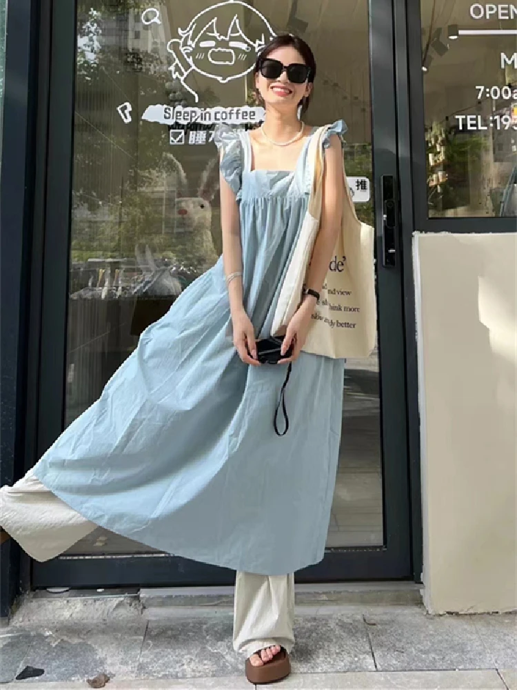 Шик дълги рокли с летящими ръкави в корейски стил за жени, Свободно Однотонное ежедневна рокля с квадратна яка, Годишен Ретро сарафан