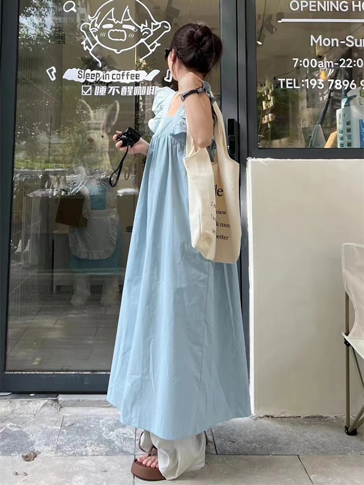 Шик дълги рокли с летящими ръкави в корейски стил за жени, Свободно Однотонное ежедневна рокля с квадратна яка, Годишен Ретро сарафан